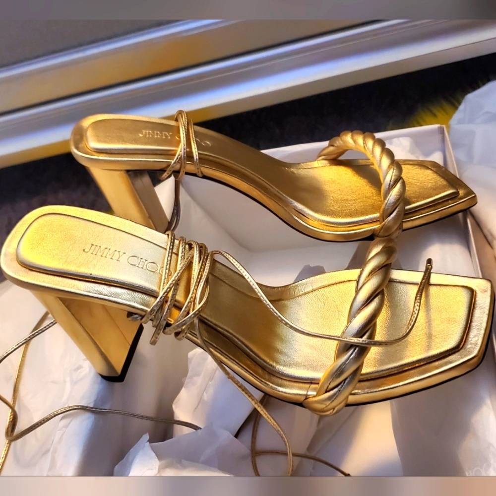 Authentic JIMMY CHOO Diosa Gold Block Heel Leather Sandals New In Box (US 10)